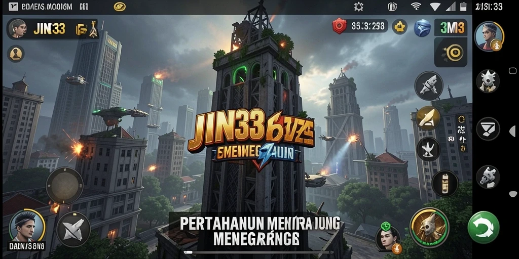 Tampilan gameplay JIN33 yang menampilkan pertahanan menara yang intens.
