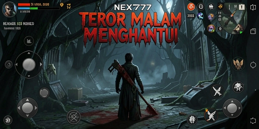 Screenshot gameplay NEX777 yang menunjukkan suasana horor mencekam.