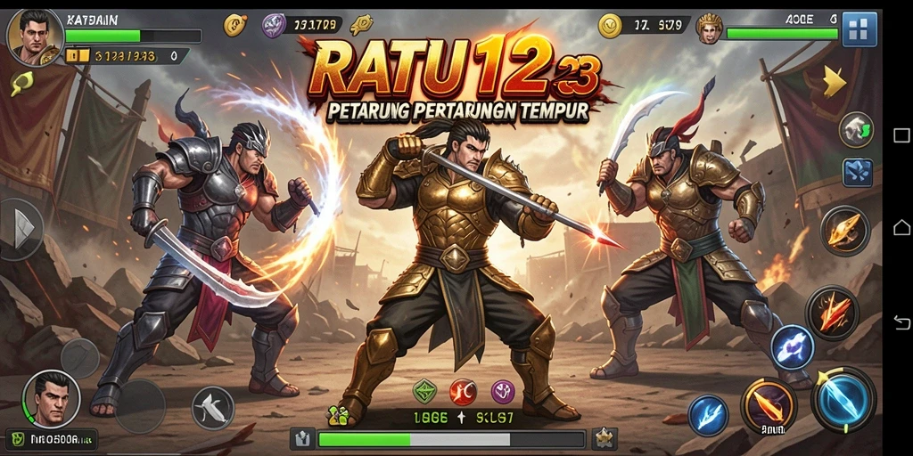 Screenshoot utama RATU123 menampilkan pertarungan epik antar karakter petarung.
