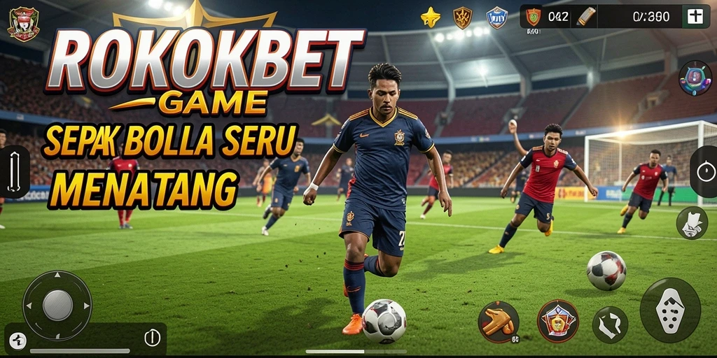 Tangkap layar utama ROKOKBET yang menampilkan aksi sepak bola yang seru.