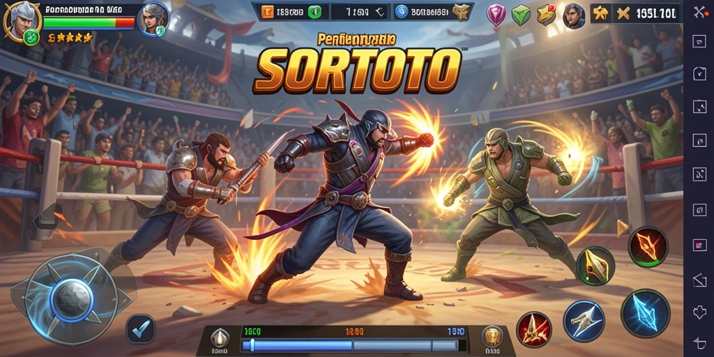 Gameplay SORTOTO menampilkan pertarungan seru antara karakter dengan kemampuan unik.
