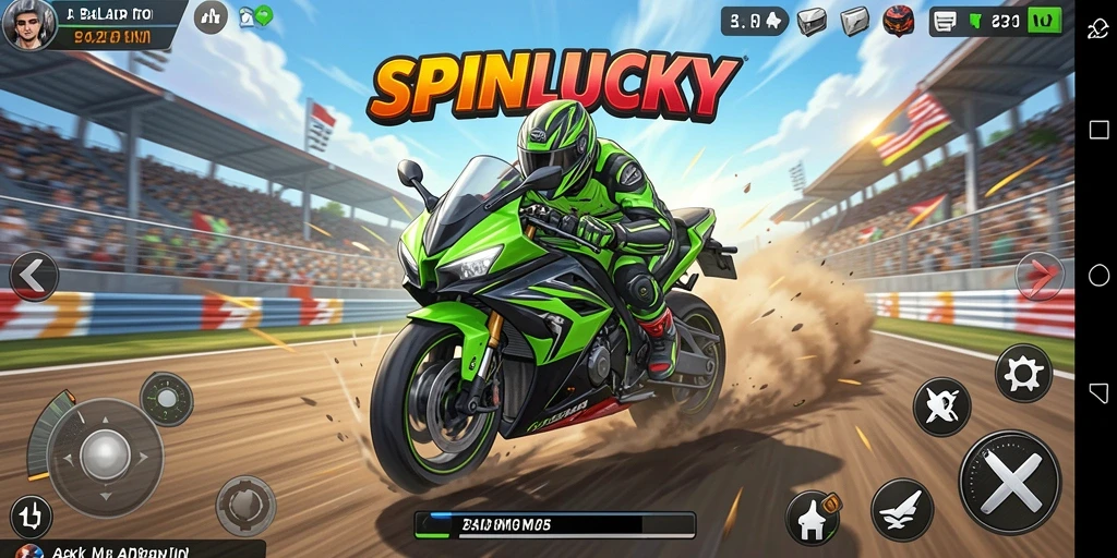 Tampilan gameplay SPINLUCKY dengan balapan motor yang seru.